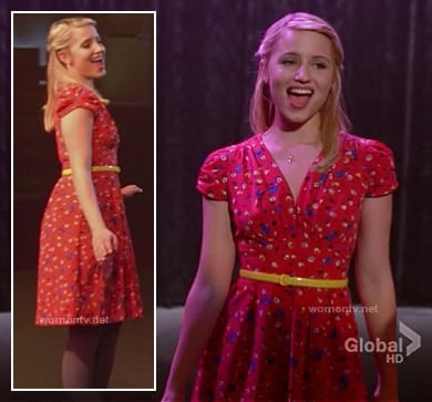 Quinn's red floral dress and yellow belt on Glee