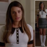Rachel Berry’s black and white check skirt and collar print sweater on Glee