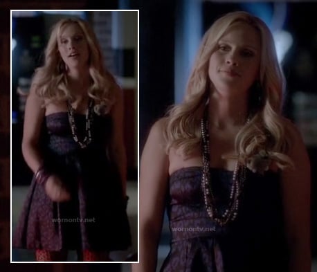 Rebekah’s dark leopard print strapless dress on The Vampire Diaries