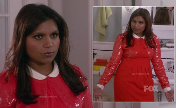 Mindy's red and white sequin dress with peter pan collar on The Mindy Project