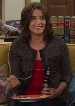 Robin’s grey tweed jacket with black leather trim on How I Met Your Mother