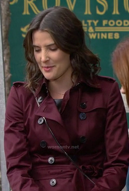 Robin’s red/burgundy/wine satin trench coat on How I Met Your Mother