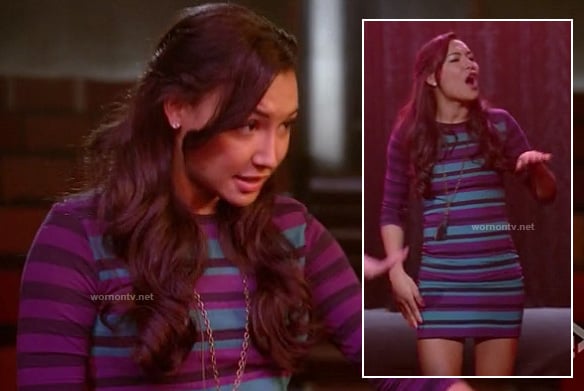 Santana's purple and blue striped bodycon dress on Glee