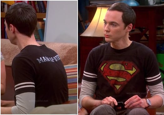 Sheldon’s black superman shirt with “Man of Steel” on the back on The Big Bang Theory