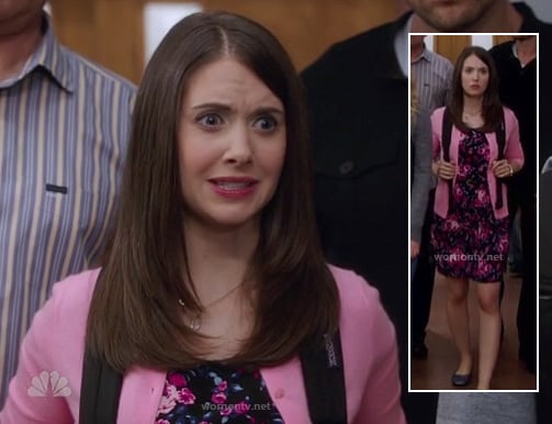 Annie’s black and pink floral dress with pink cardigan on Community