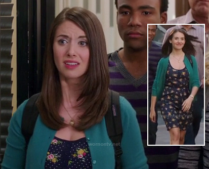 Annie’s floral dot print dress with teal green cardigan on Community