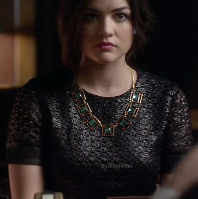 Aria's black leather style dress on PLL