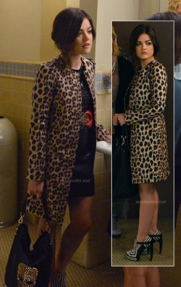 Aria's leopard coat and black and white printed heels on PLL