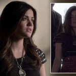 Aria’s black top with studded sleeves and red striped skirt on Pretty Little Liars