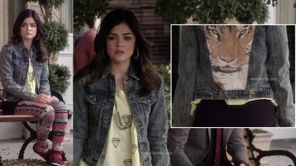 Aria's denim jacket with tiger on the back on PLL finale