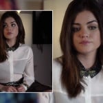 Aria’s white blouse with black sequinned collar and bug brooch on Pretty Little Liars