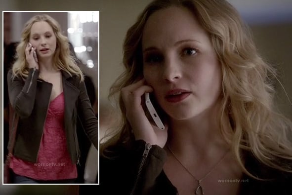 Caroline’s pink lace top, black zip jacket and wishbone necklace on The Vampire Diaries