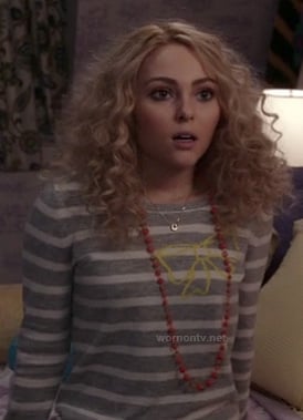 Carrie Bradshaw's grey striped sweater with bow on The Carrie Diaries