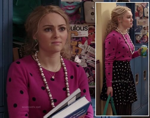 Carrie's pink polka dot sweater and skirt on The Carrie Diaries