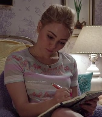 Carries pink horse shirt on The Carrie Diaries