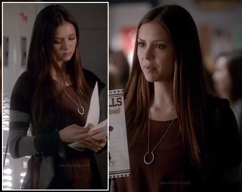 Elena’s grey striped cardigan and crescent/circle necklace on The Vampire Diaries