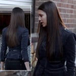 Elena’s navy blue suede peplum moto jacket on The Vampire Diaries