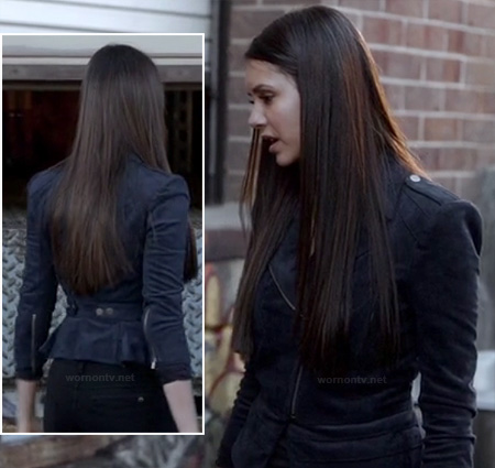 Elena’s navy blue suede peplum moto jacket on The Vampire Diaries
