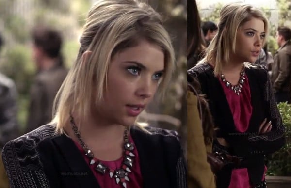 Hanna's pink satin top and black blazer on PLL