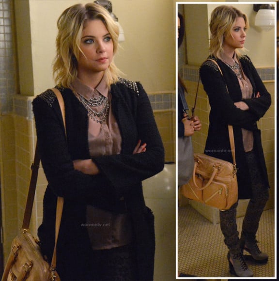 Hanna's black jacket with studded shoulders and grey lace up booties