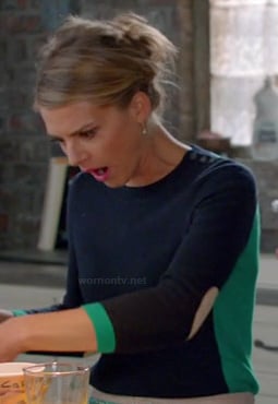 Jane's blue and green elbow patch sweater on Happy Endings