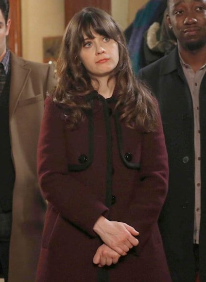 Jess's dark red / ox blood coat on New Girl