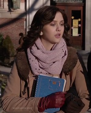 Maggie's pink scarf and brown shearling jacket on The Carrie Diaries