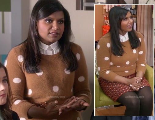 Mindy's brown and white polka dot sweater on The Mindy Project