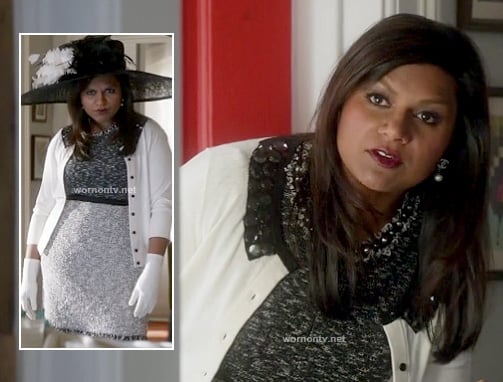 Mindy's grey tweed dress and black and white cardigan on The Mindy Project