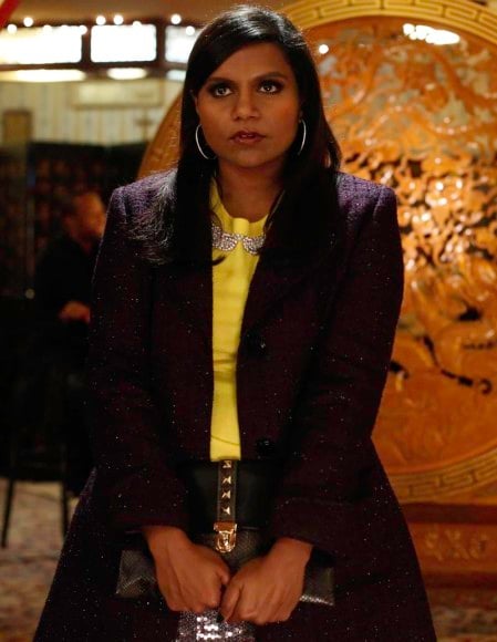 Mindy's yellow rhinestone sweater top on The Mindy Project Birthday ep