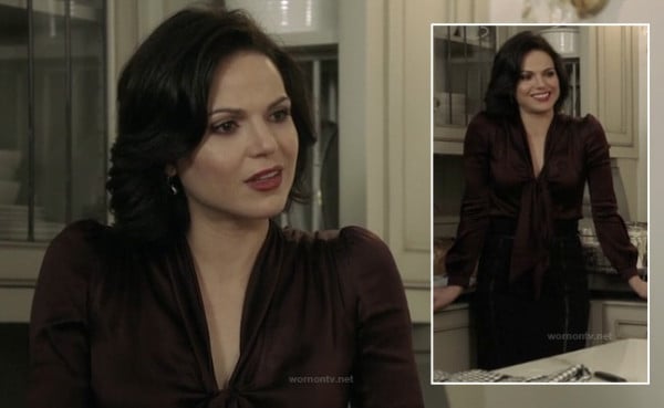 Regina's brown satin top with pussy bow and black skirt on Once Upon a Time