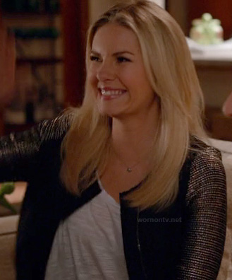 Alex’s black jacket with contrasting metallic sleeves on Happy Endings