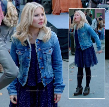 Alex’s blue printed dress, denim shearling jacket and black wedge booties on Happy Endings