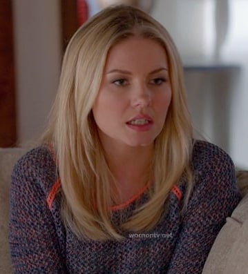 Alex’s purple knit sweater with neon orange trim on Happy Endings