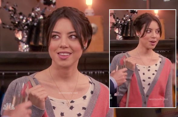 April’s cat print shirt and pink and grey cardigan on Parks & Recreation