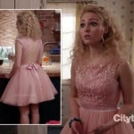 Carrie’s pink backless dress with pleated skirt on The Carrie Diaries