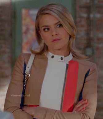 Jane's tan brown, orange, blue and white leather jacket on Happy Endings