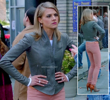 Jane’s grey leather jacket with pink jeans and booties on Happy Endings
