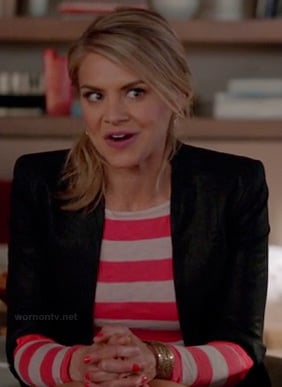 Jane's pink striped top underneath cropped blazer on Happy Endings