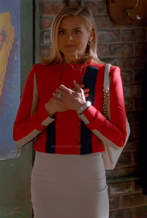 Jane's red and navy moto jacket on Happy Endings