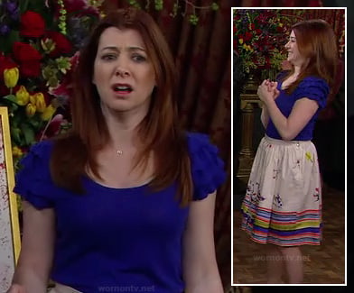 Lily’s blue ruffle sleeve top and printed skirt on How I Met Your Mother