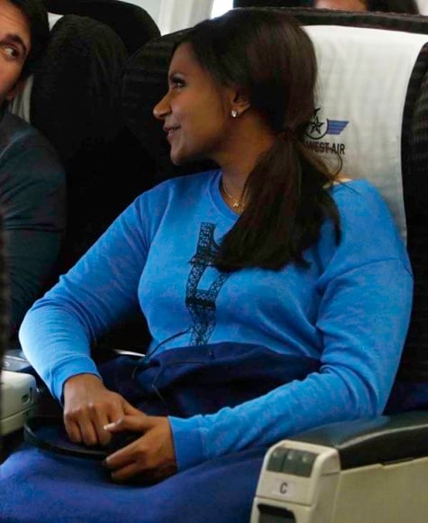 Mindy's blue upsidedown Eiffel Tower sweater on The Mindy Project