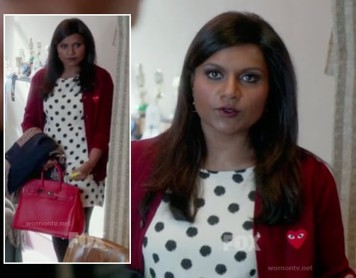 Mindy's red heart cardigan worn over polka dot dress on The Mindy Project