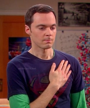 Sheldon’s navy blue faded Superman shirt on The Big Bang Theory