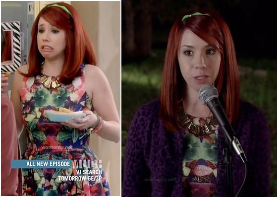 Tamara’s tropical print dress and purple leopard print cardigan on Awkward