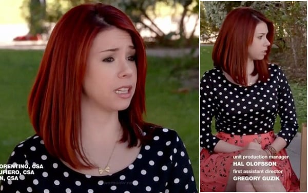 Tamara's black polka dot top and gold bow necklace on Awkward