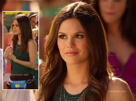 Zoe Hart's green striped racer back top and blue fanny pack on Hart of Dixie