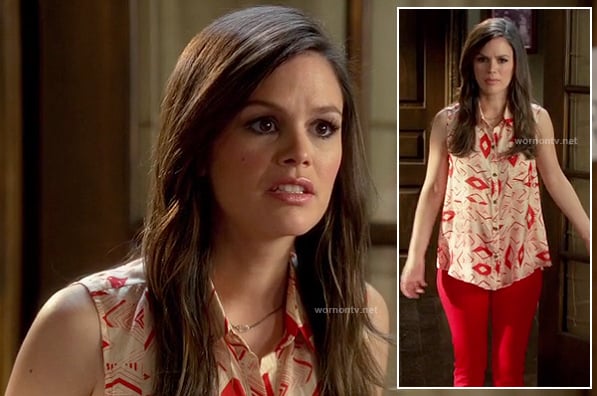 Zoe's red printed shirt with red pants on Hart of Dixie