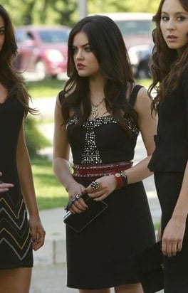 Aria's black beaded dress on PLL