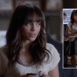 Ashley’s white top with beaded neckline and black leather skirt on Revenge